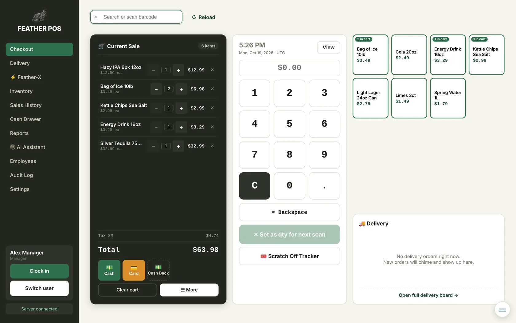 The Feather POS checkout screen with a sale in progress